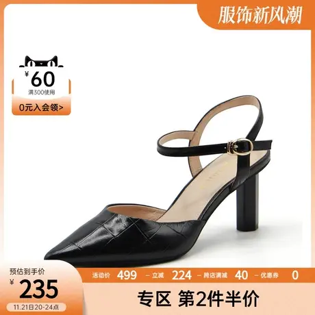 千百度秋季职场通勤经典时尚百搭高跟优雅气质后空时装真皮凉鞋女商品大图