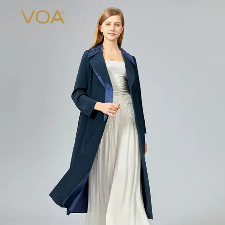 VOA36姆米弹力重绉西装领长袖单粒扣腰间系带蓝色长款桑蚕丝外套图片