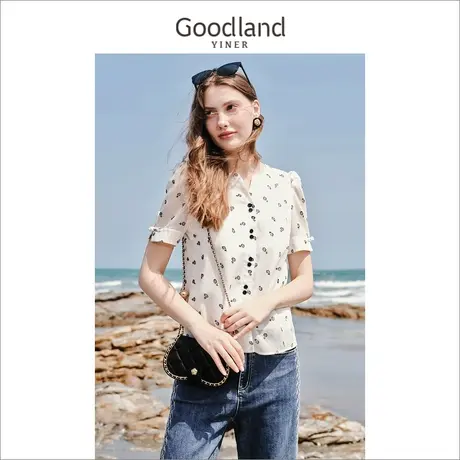 音儿美地女装2022夏季新款短袖盘扣上衣女植绒花朵衬衫商品大图