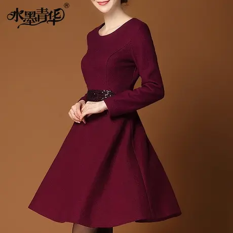 水墨青华冬女装新款优雅A字裙修身长袖伞摆羊毛呢连衣裙图片