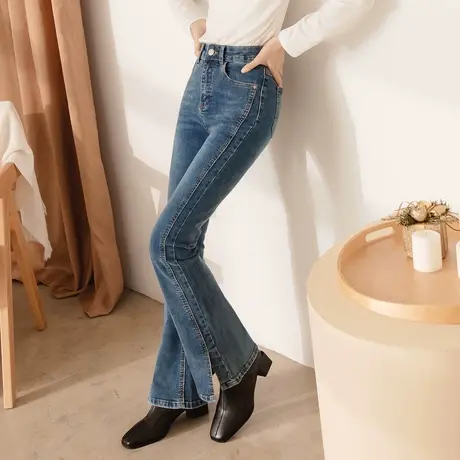 桔熊春秋季复古牛仔长裤子女修身开衩高腰喇叭裤胖妹妹大码BA6902商品大图