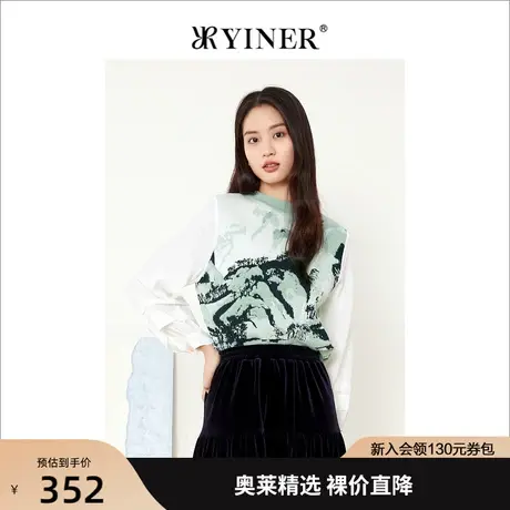 音儿美地女装2022秋季新款宽松上衣水墨画拼接圆领针织衫商品大图