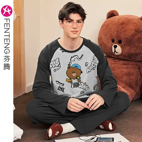 芬腾男士春秋睡衣纯棉长袖卡通青年宽松大码布朗熊家居服套装秋季商品大图