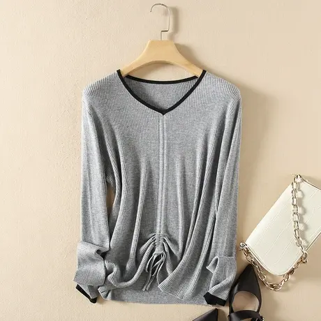 美丽诺羊毛秋装2023新款毛衣女宽松套头抽绳针织打底衫女内搭上衣商品大图