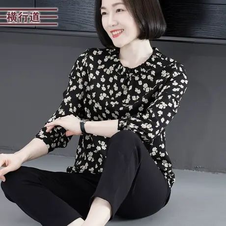 韩版甜美简约圆领碎花长袖雪纺衫女装大码外穿上衣服2025春季新款商品大图