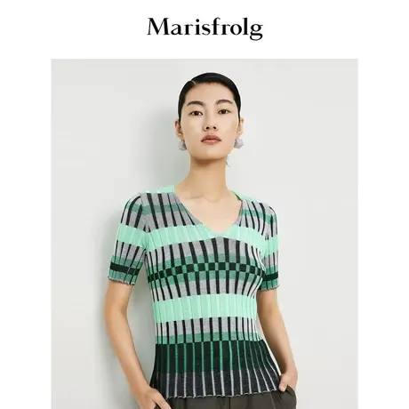 【商场同款】玛丝菲尔2023年夏季新款绿色气质V领修身条纹针织衫商品大图