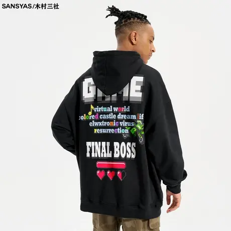 木村三社SANSYAS 像素游戏元素卫衣男纯棉宽松连帽秋冬款休闲外套商品大图
