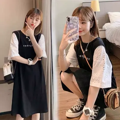 假两件短袖T恤裙子女装2024新款大码胖mm显瘦遮肚减龄休闲连衣裙图片