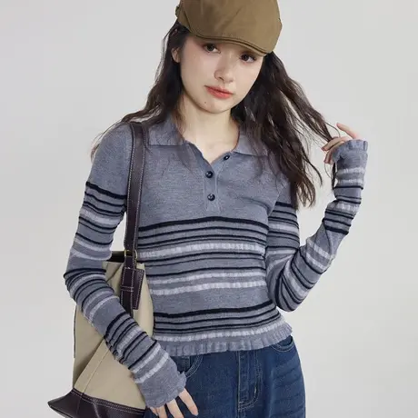 尔给秋季小众修身长袖上衣polo领灰色短款条纹针织衫女2023新款商品大图