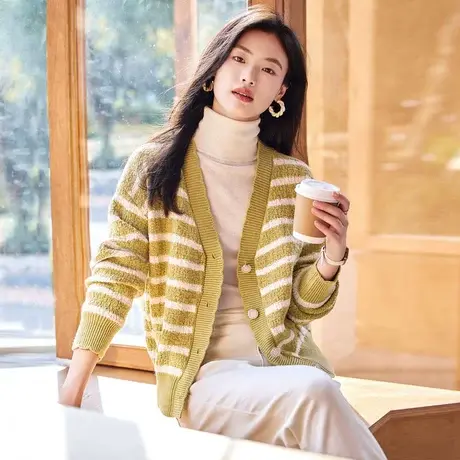 时尚气质毛衣2023年秋季新款女士条纹百搭温柔宽松通勤长袖开衫图片