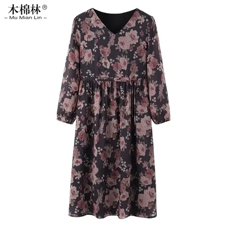 大码女装优雅复古印花V领显瘦连衣裙2024春新胖妈妈气质中长裙子图片