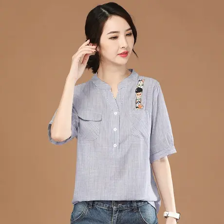 韩潮袭人立领刺绣条纹衬衣2024夏新款女士短袖衬衫设计感小众图片