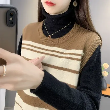 条纹针织马甲秋季2023新款女装内搭拼色洋气马夹套头圆领上衣潮商品大图