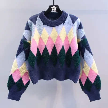 撞色菱形格套头毛衣女秋冬2023年新款复古慵懒风宽松短款针织开衫图片