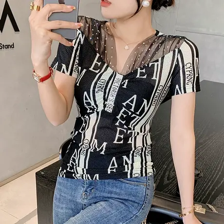 性感网纱女装夏季欧货字母印花V领T恤短袖设计感烫钻紧身上衣小衫商品大图