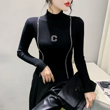 欧货字母印花套头针织衫性感半高领T恤女长袖秋冬加厚内搭毛衣新商品大图