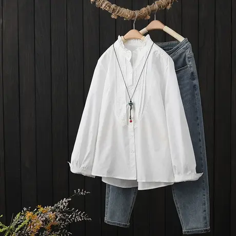 春季2023年新款立领木耳边刺绣纯棉白色衬衫女设计感小众长袖衬衣商品大图