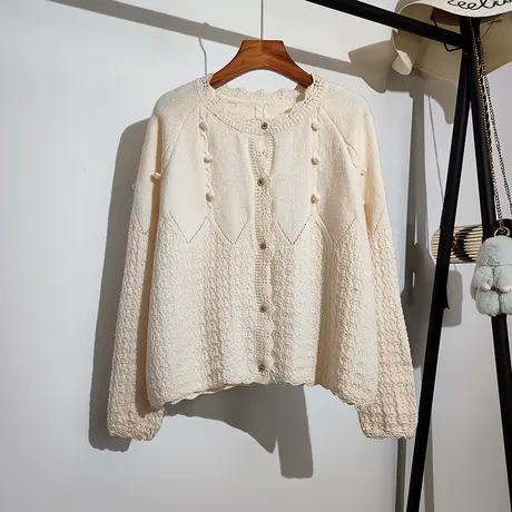 温柔风毛衣开衫女短款春秋新款宽松日系甜美花边球球针织上衣外套商品大图