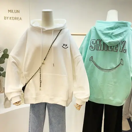 2021春季新款韩国东大门ins刺绣笑脸连帽卫衣宽松BF慵懒休闲大码商品大图