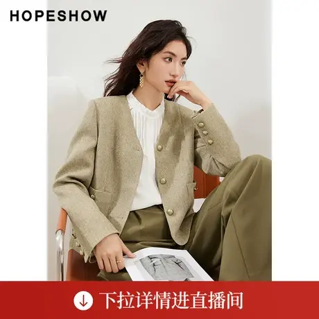 【直播专享】秋季正肩单排扣V领短外套90123290403红袖商品大图