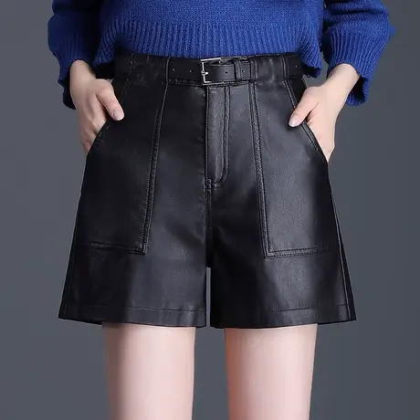黑色pu皮短裤女2023秋冬新款高腰a字阔腿短裤宽松休闲裤外穿靴裤图片