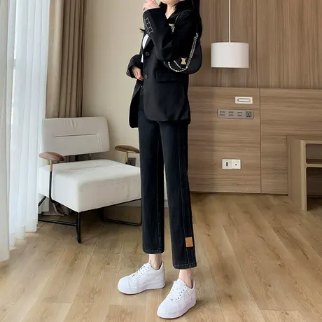 加绒高腰黑色牛仔裤女秋冬显瘦小直筒烟管裤2023新款小个子九分裤商品大图