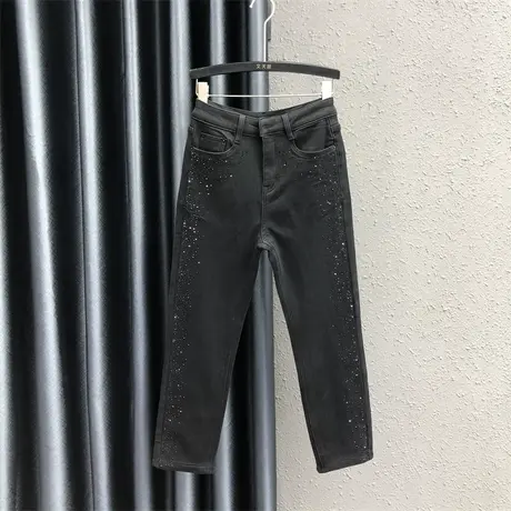 2023秋冬新款黑色洋气加绒直筒裤女重工烫钻设计感休闲百搭九分裤图片