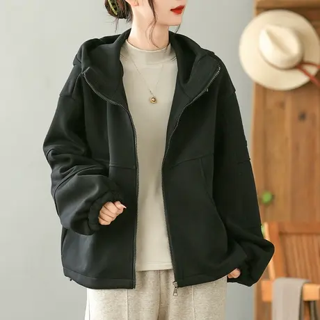 dza 复古宽松短款纯棉连帽外套女秋冬加厚外穿上衣休闲长袖卫衣女商品大图
