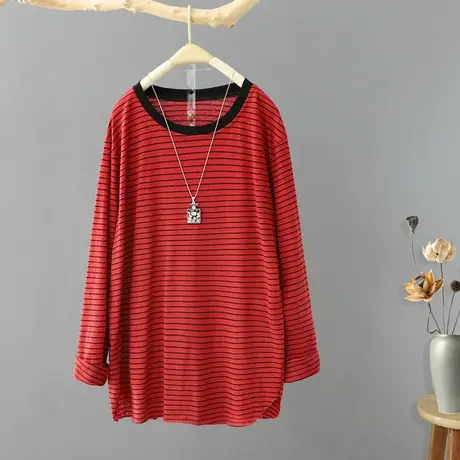 文艺大码女装圆领长袖条纹t恤女2024年春装新款宽松打底上衣体恤图片
