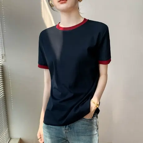 撞色拼接圆领短袖T恤女2023夏季新款宽松休闲纯棉设计感小众上衣图片