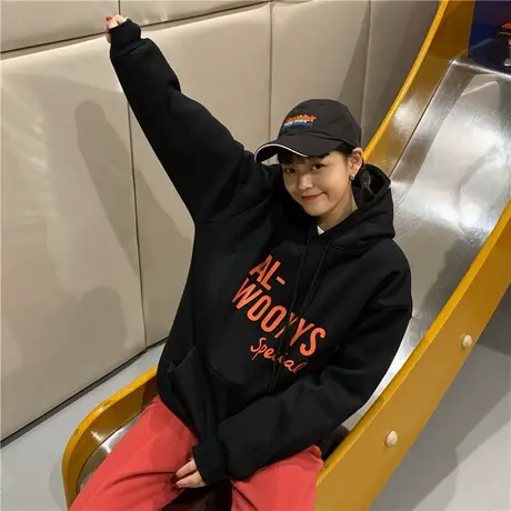 新款冬装新年衣服宽松慵懒风ulzzang加绒加厚连帽卫衣女外套ins潮图片