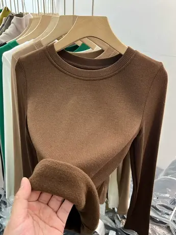 羊绒加厚圆领纯色修身长袖T恤上衣女2022秋冬新款软糯保暖打底衫图片