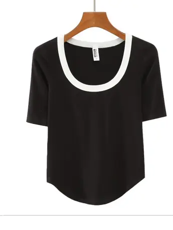 早秋撞色圆领中袖T恤上衣纯色螺纹棉半修身打底衫韩版不规则圆弧商品大图