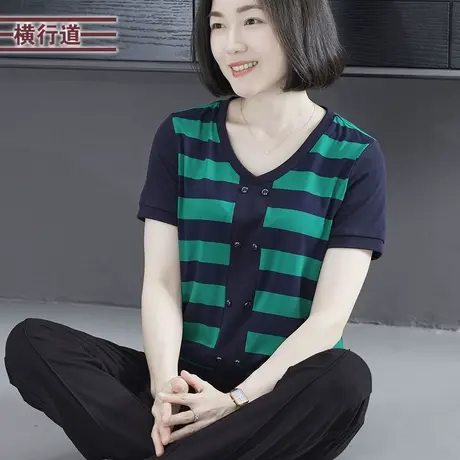 2025夏季新款简约休闲V领双排扣撞色条纹短袖T恤女装大码外穿上衣商品大图