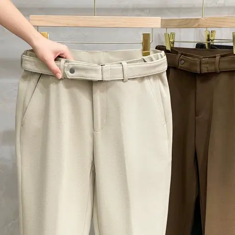 腰带秋冬季毛呢裤男休闲裤修身直筒西装裤加厚款男裤子垂坠感长裤商品大图