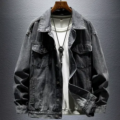 复古牛仔外套男士烟灰色潮牌ins潮男街头帅气百搭工装夹克牛仔衣商品大图