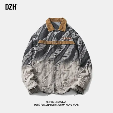 男士灯芯绒拼接外套男春秋潮牌渐变色夹克上衣宽松男装2023年新款商品大图