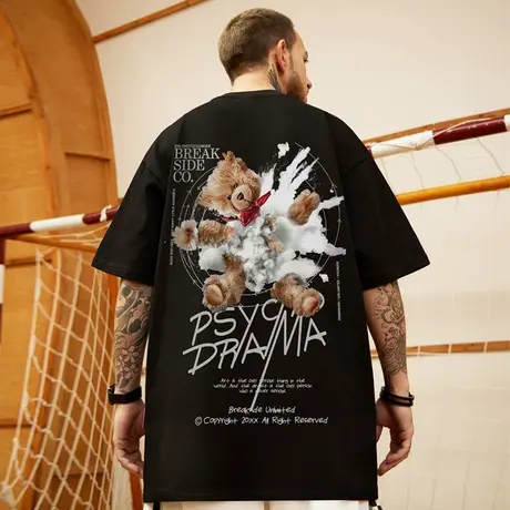 oversize美式潮牌胖子男装大码国潮嘻哈宽松小熊短袖T恤潮流半袖图片