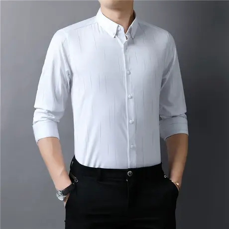 春秋季新款长袖衬衫男暗竖条纹商务休闲中青年修身时尚潮流衬衣男图片