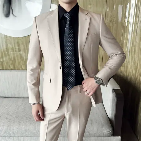 意式穿搭极简风米白色西服男春夏薄款修身外套通勤西装礼服两件套图片