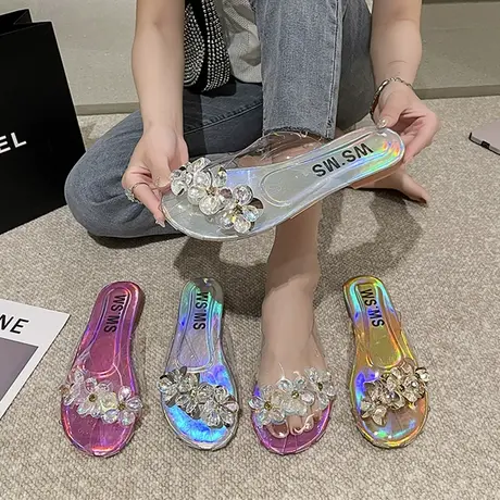 包头半拖鞋女夏外穿2023年新款平底水钻透明软底鱼嘴配裙子凉拖鞋商品大图