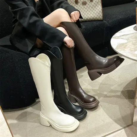 长筒靴女2023春秋季新款英伦风复古百搭瘦瘦靴粗跟厚底v口骑士靴图片