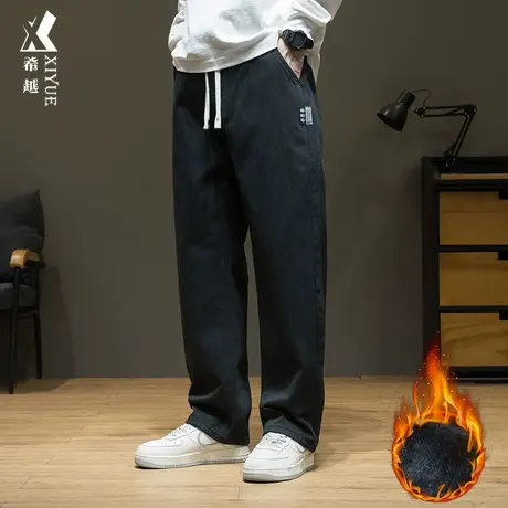 希越纯棉水貂绒男士休闲直筒裤秋冬季宽松大码加绒加厚工装长裤子商品大图