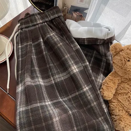 chic复古港味格子休闲运动阔腿裤女秋冬季高腰宽松加绒加厚长裤潮图片