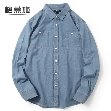 格慕施2023秋季牛仔衬衫男长袖美式休闲大码男士港风纯棉衬衣外套商品大图