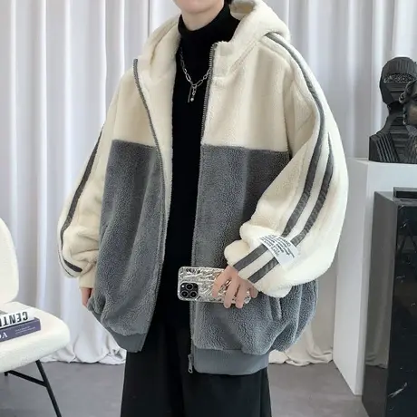 加厚羊羔绒外套男春秋季ins宽松拼接拼色颗粒绒羊羔毛情侣款开衫商品大图