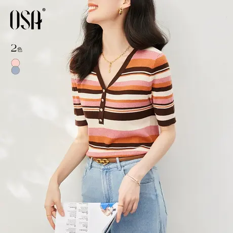 OSA欧莎 条纹短袖针织衫女士夏季2023年新款显瘦复古v领上衣薄款商品大图