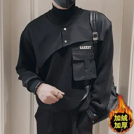 美式高街工装半高领拼接加绒卫衣男秋冬2023新款加厚个性穿搭上衣商品大图