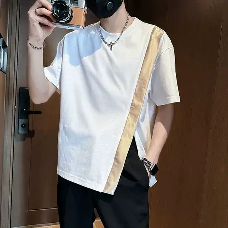 短袖t恤男夏季个性侧边拉链分叉设计潮男半袖上衣开叉痞帅体恤商品大图