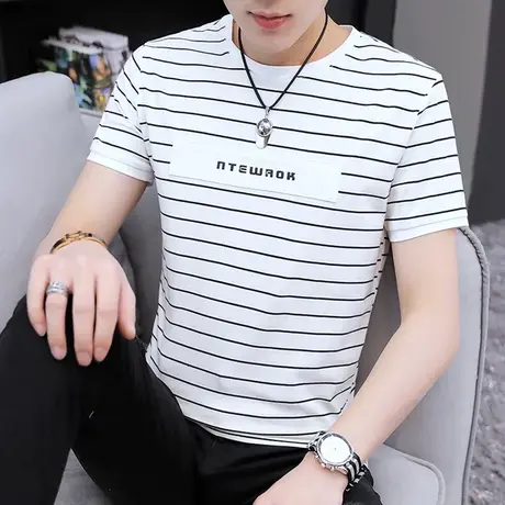 短袖T恤男夏装上衣服韩版半袖中学生卫衣夏季潮牌海魂衫条纹男装图片